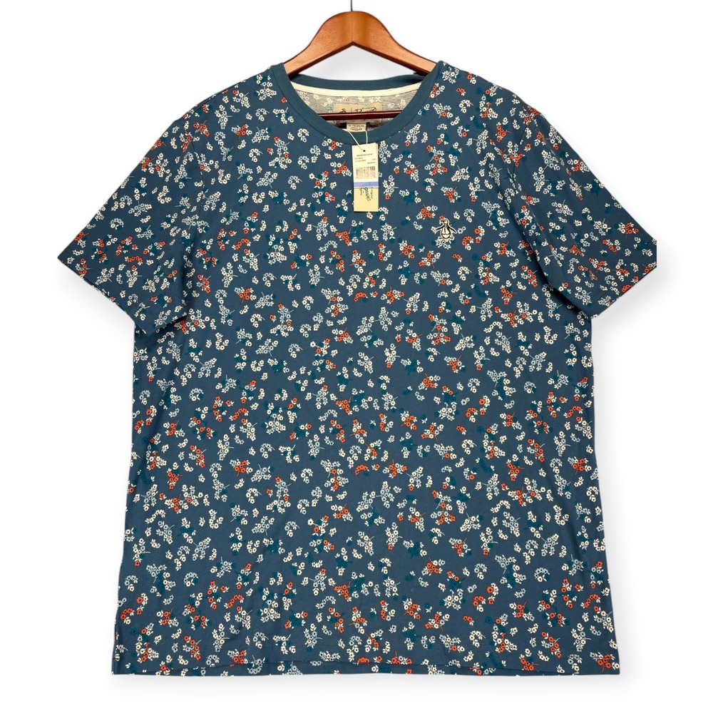 Original Penguin Men's XL Midnight Blue Floral Embroidered Tee 100% Cotton NWT